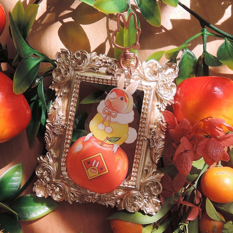 黃小鸚兔寶寶蘋果單面雙層壓克力吊飾 - 鑰匙圈/鎖匙扣 - 其他材質 紅色