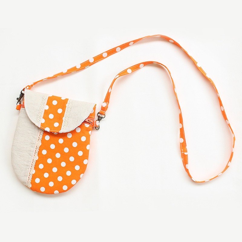 橘子蕾絲點點拼接鉤環手機袋/收納袋 斜背包 萬用包 可客製 - 側背包/斜背包 - 棉．麻 