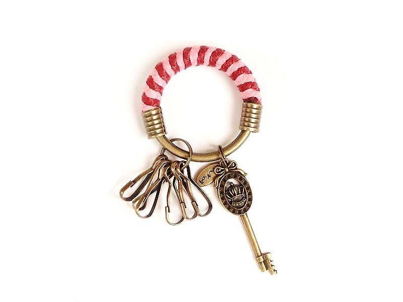 鑰匙圈(小)5.3CM 粉紅+酒紅+蝴蝶結皇冠鑰匙 手工 編織 客製化