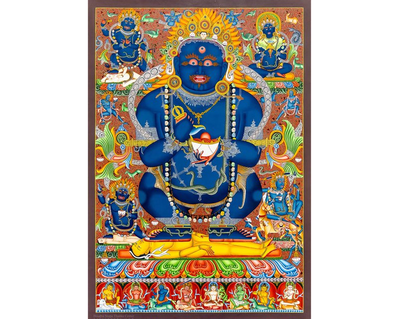 二臂大黑天尼瓦里風格唐卡 – 法 Dharma 和精神力量的守護者 - 壁貼/牆壁裝飾 - 其他材質 多色