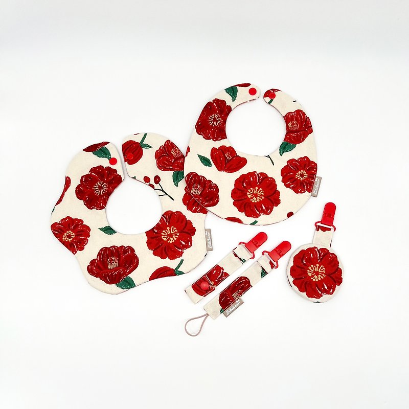 [Bibi Bear] Hand-painted camellia bib and moon set wrist bag - ผ้ากันเปื้อน - ผ้าฝ้าย/ผ้าลินิน สีแดง
