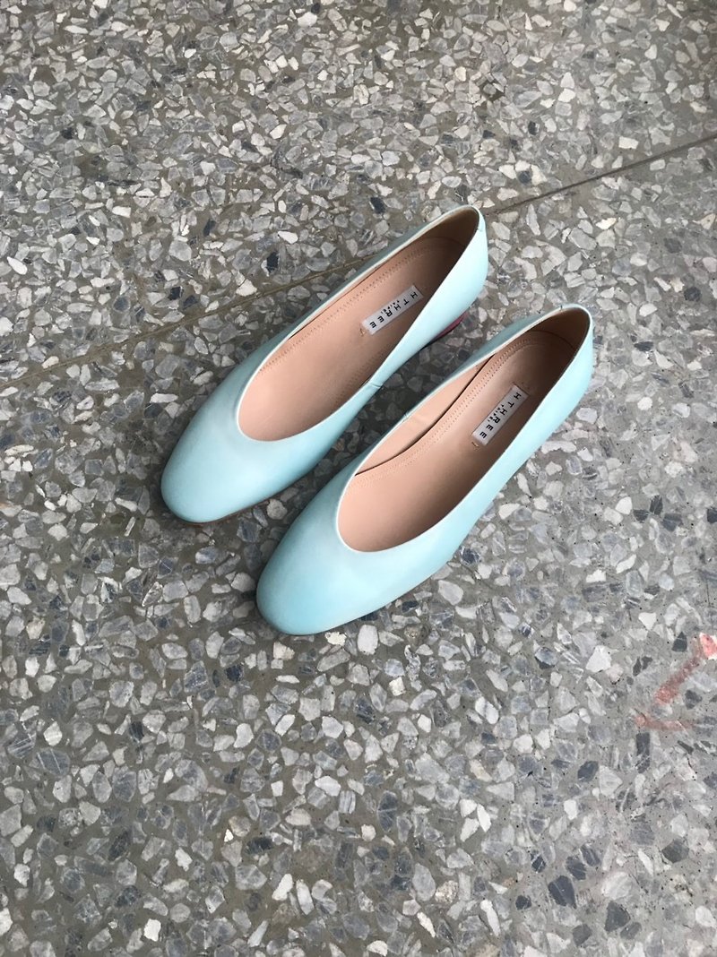 HTHREE round head 3.4 heel shoes / water blue / heel shoes / leather shoes - High Heels - Genuine Leather Blue