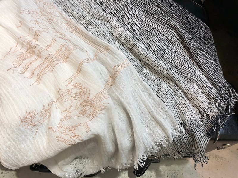 Moonlight Embroidery scarf - Knit Scarves & Wraps - Cotton & Hemp White