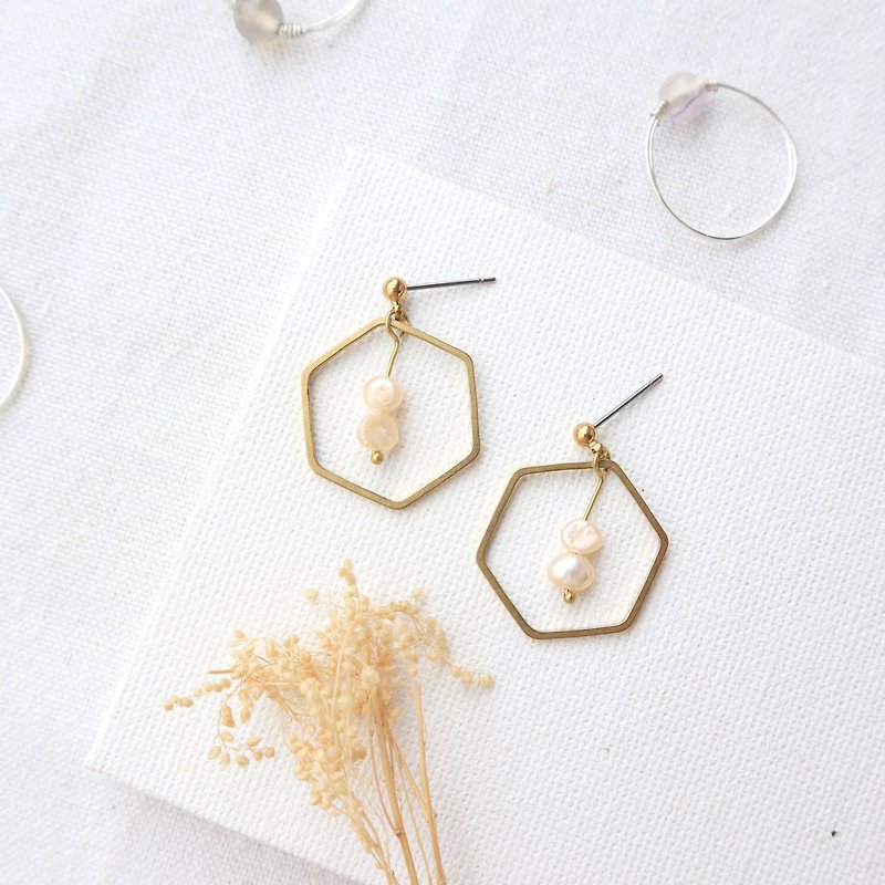 Freshwater Pearl Small Geometric Brass Series - Small Swift - Earrings & Clip-ons - Pearl White