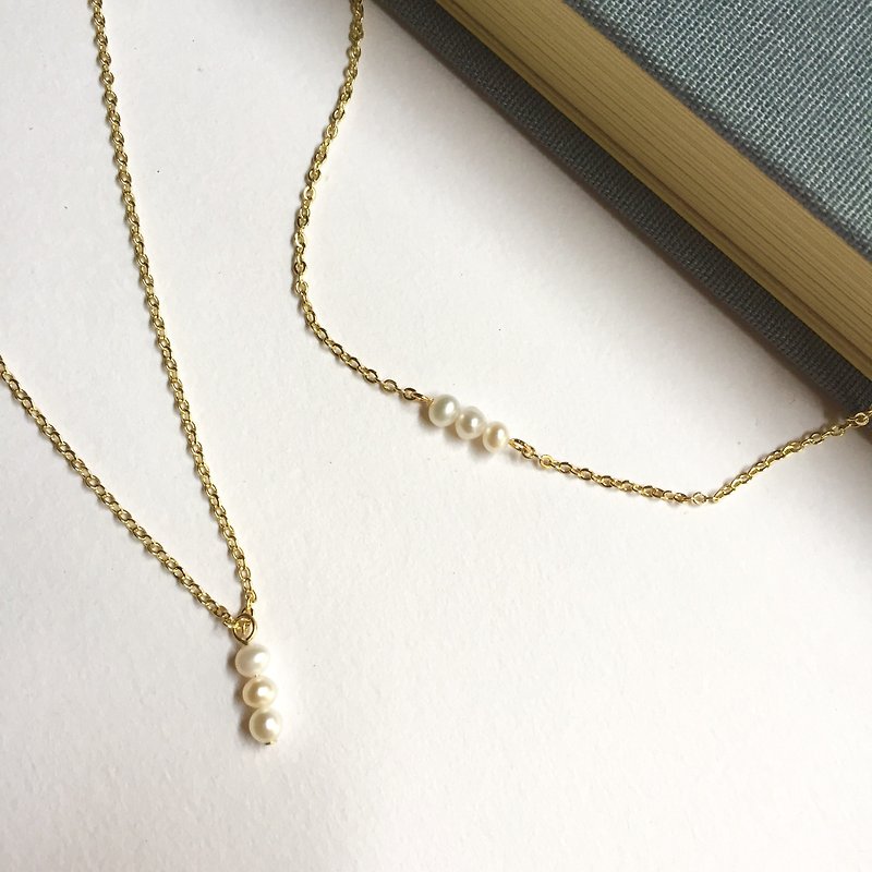 14K gold-covered simple three natural pearl necklace clavicle chain 14KGF - Necklaces - Pearl White