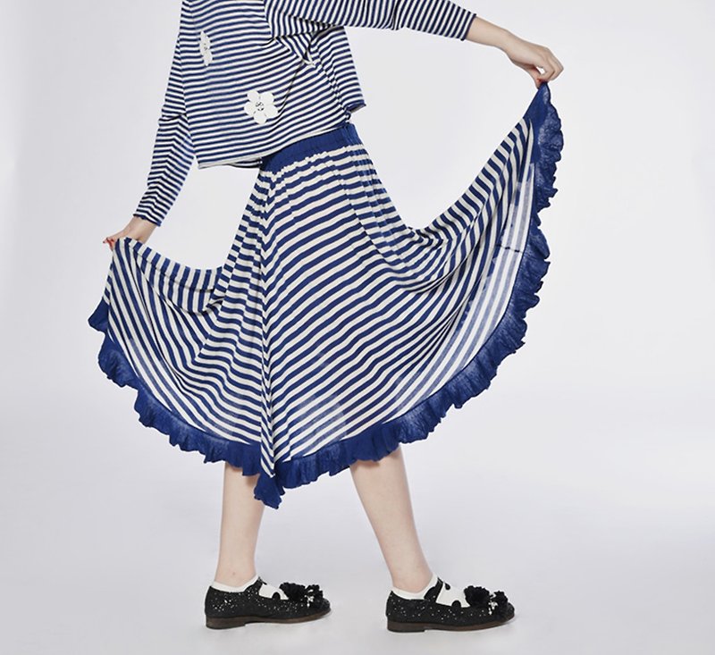 藍條條紋花邊半身裙 - imakokoni - 裙子/長裙 - 羊毛 藍色