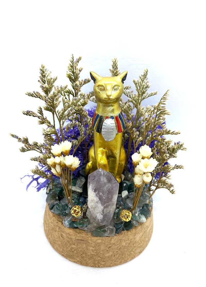 靛紫森林-貓神芭絲特與紫水晶-手工玻璃罩公仔/水晶/乾燥花擺設 - 擺飾/家飾品 - 水晶 