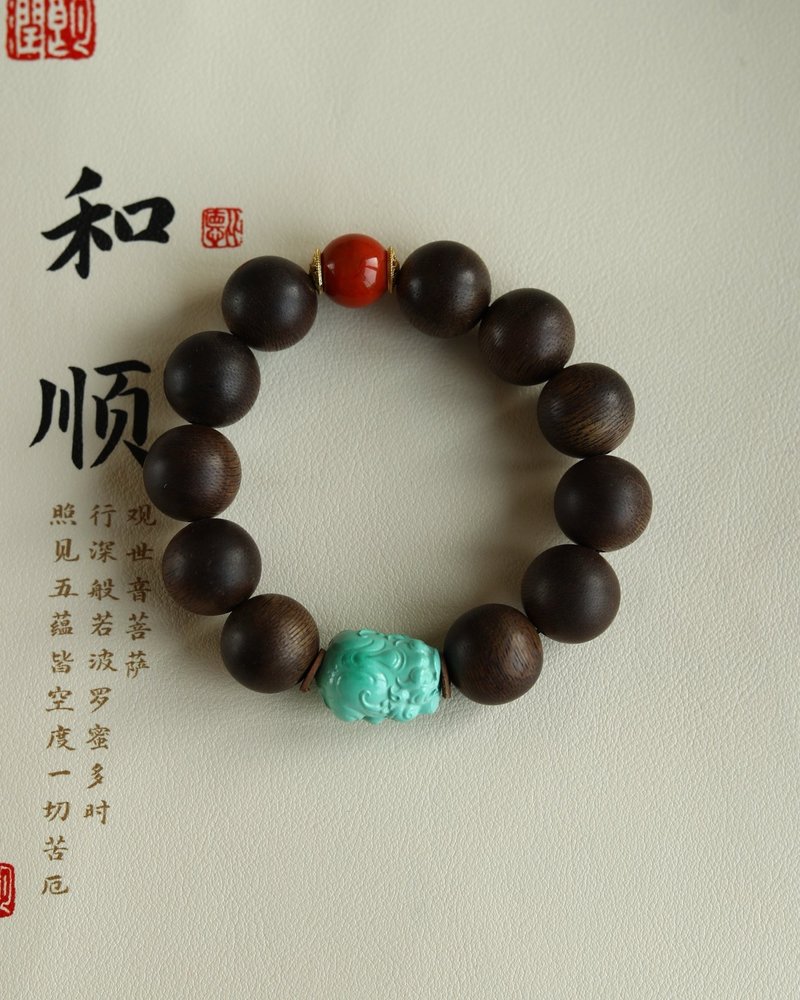 16mm Natural Agarwood Beads/Agarwood Beads Magnesite Pixiu Design Single Circle Bracelet Handheld S - สร้อยข้อมือ - ไม้ สีนำ้ตาล