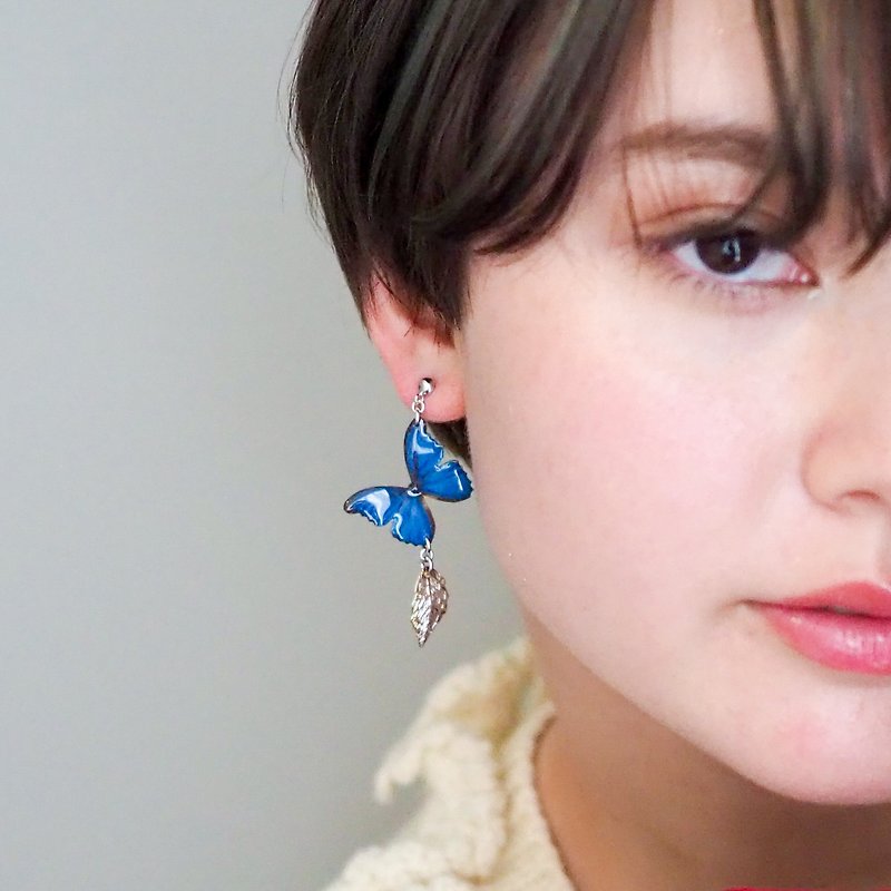 Ocean Blue Butterfly Earrings with leaf