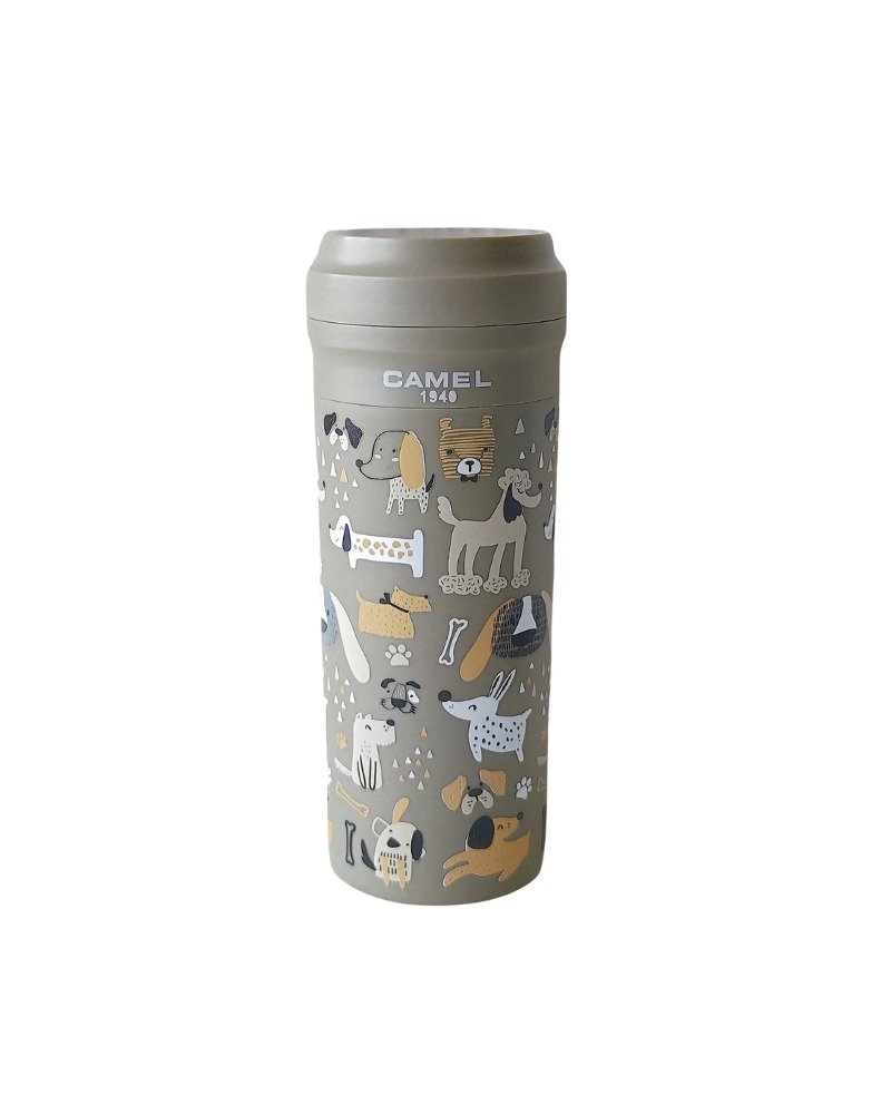 Camel brand 350ml glass bladder vacuum insulated cup with plastic shell and lid - Animal Series (Dog DG) - กระบอกน้ำร้อน - วัสดุอื่นๆ สีกากี