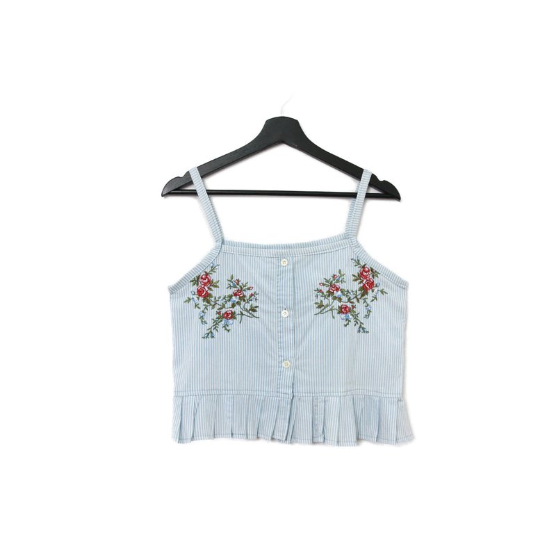 Back to Green-再製刺繡背心 藍條紋 紅玫瑰  sv-19/vintage vest - 背心/無袖上衣 - 棉．麻 