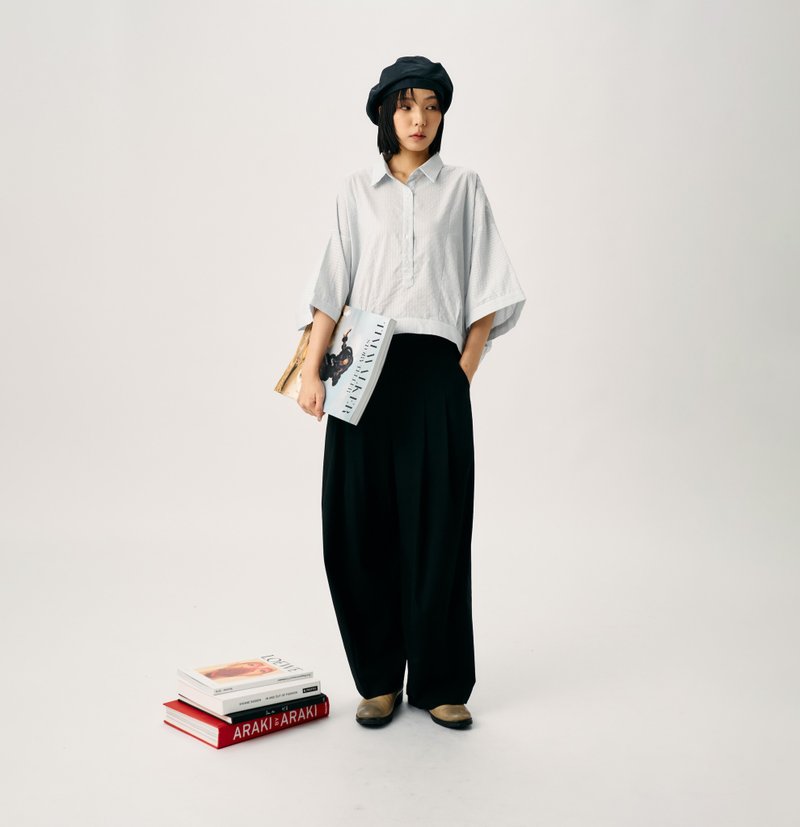 垂墜感黑色寬管長褲 - 女長褲 - 棉．麻 黑色
