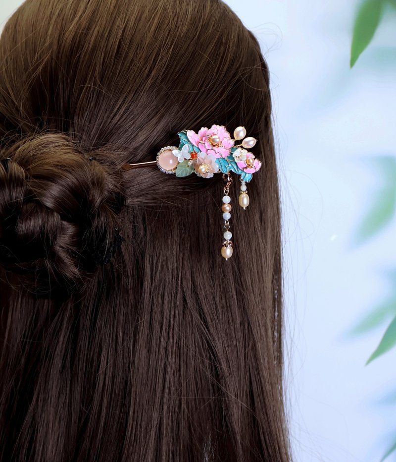 Lemon handmade hair accessories, rich pink peony hairpin (tassels are detachable - Hair Accessories - Precious Metals Pink