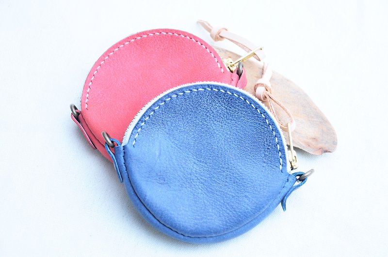 Circles Rub wax zipper purse well sew leather material package free lettering handmade bag couple gift purse scattered paper bag simple and practical Italian leather tanned leather leather DIY - กระเป๋าใส่เหรียญ - หนังแท้ สีน้ำเงิน