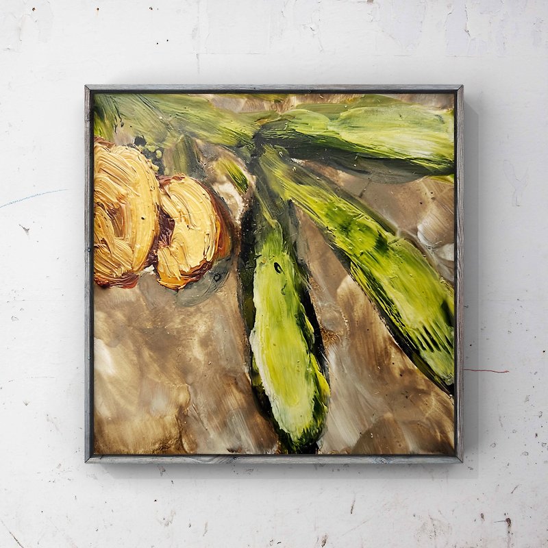 Olive tree branch original oil painting 4 inch Miniature wall art - Posters - Other Materials Brown