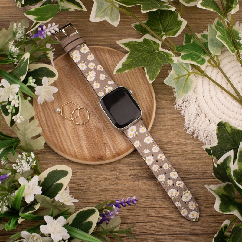 小雛菊牛皮橄欖綠印花蘋果錶帶Apple Watch 4/5/6/7/8/9/SE/Ultra - 錶帶 - 真皮 綠色