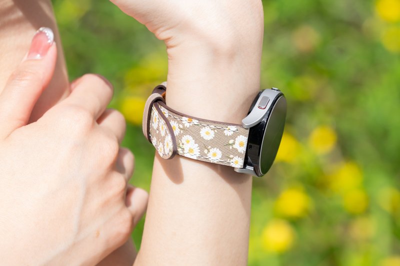 小雛菊牛皮橄欖綠印花蘋果錶帶Apple Watch 4/5/6/7/8/9/SE/Ultra - 錶帶 - 真皮 綠色