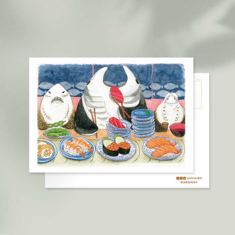 【精油香氛明信片】魟魚吃壽司(沁涼海洋香) - 卡片/明信片 - 紙 藍色