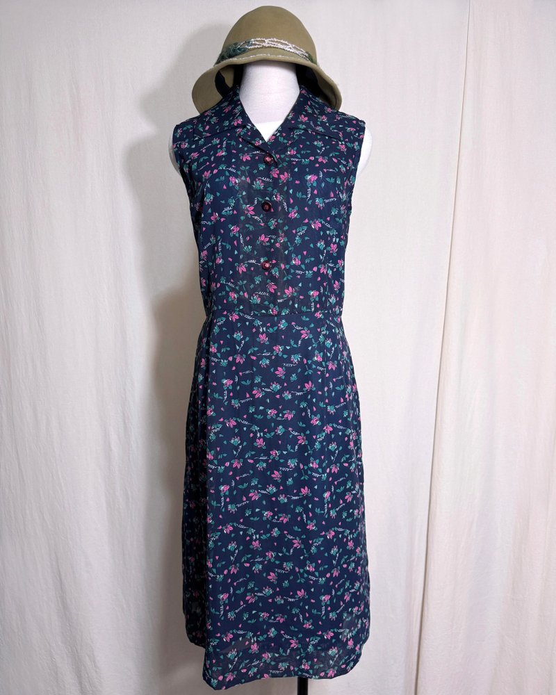 シャツ襟ピンク花柄ノースリーブヴィンテージドレス / 海外買付 VINTAGE - ワンピース - ポリエステル ブルー