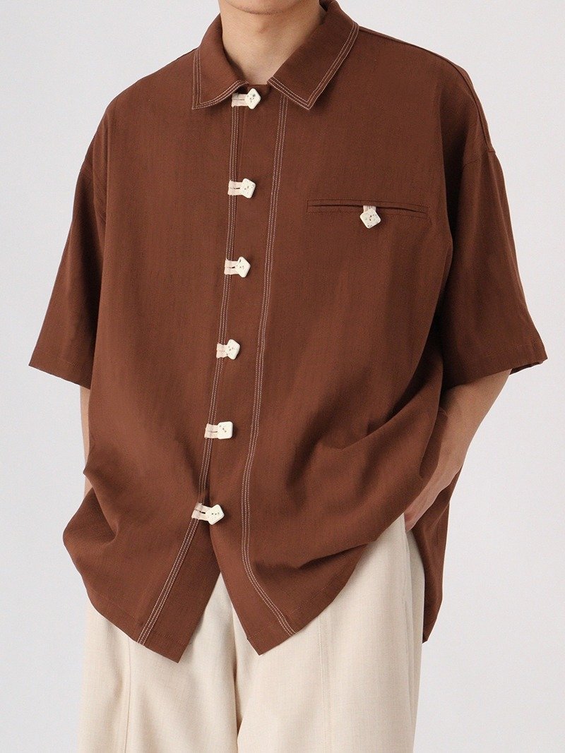 New Chinese brick red buttoned short-sleeved shirt - เสื้อเชิ้ตผู้ชาย - ผ้าฝ้าย/ผ้าลินิน 