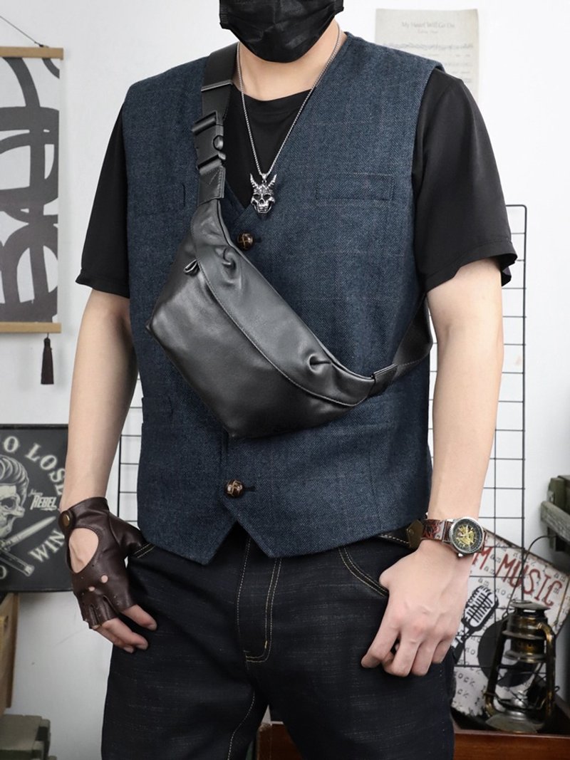 Fanny Hip Waist Chest Bag Pack Genuine Leather Men's Shoulder Bag - กระเป๋าแมสเซนเจอร์ - หนังแท้ สีดำ