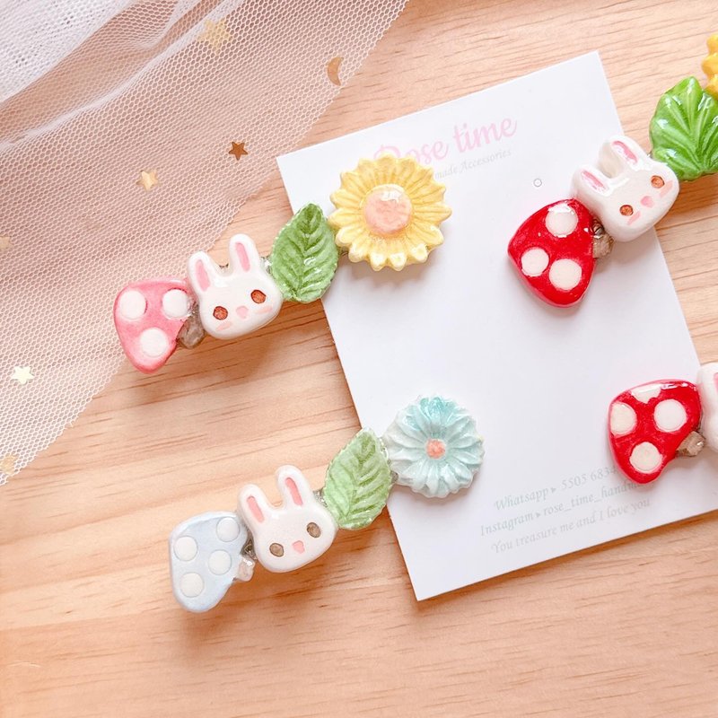 Hand-painted pastoral rabbit mushroom hairpin - multi-color - ต่างหู - ดินเหนียว หลากหลายสี