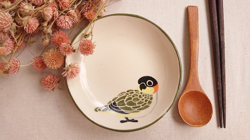 Hey! Bird friends! Black-headed Keck turned back painted platter - Plates & Trays - Porcelain Green