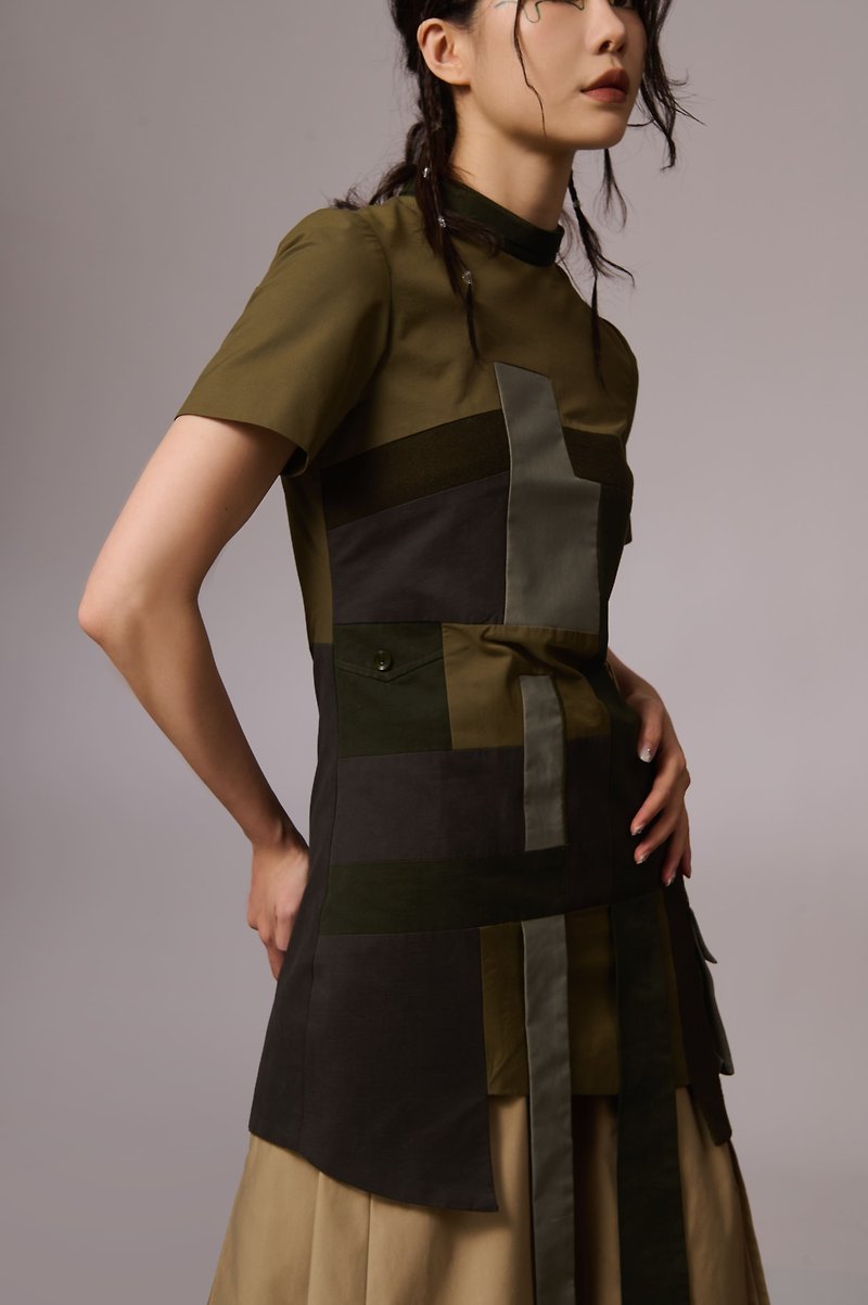 拼布連衣裙 - 軍綠 - 洋裝/連身裙 - 其他人造纖維 綠色