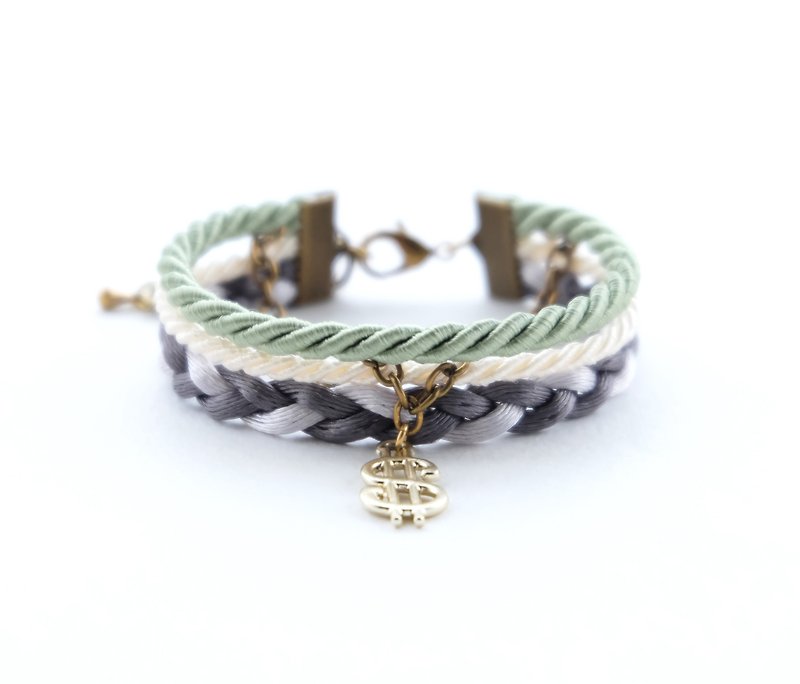 Dollar layered rope bracelet in sage green / cream / charcoal / light gray - สร้อยข้อมือ - วัสดุอื่นๆ สีเขียว