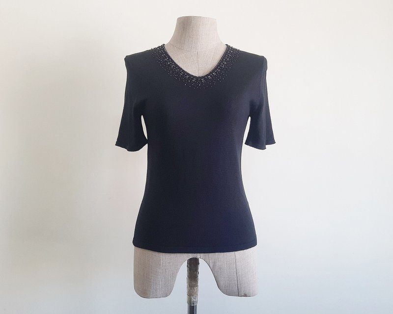 XXS XS Vintage Black Silk Sweater Womens Knit Top Short Sleeve Beaded Sweater - 女毛衣/針織衫 - 絲．絹 黑色