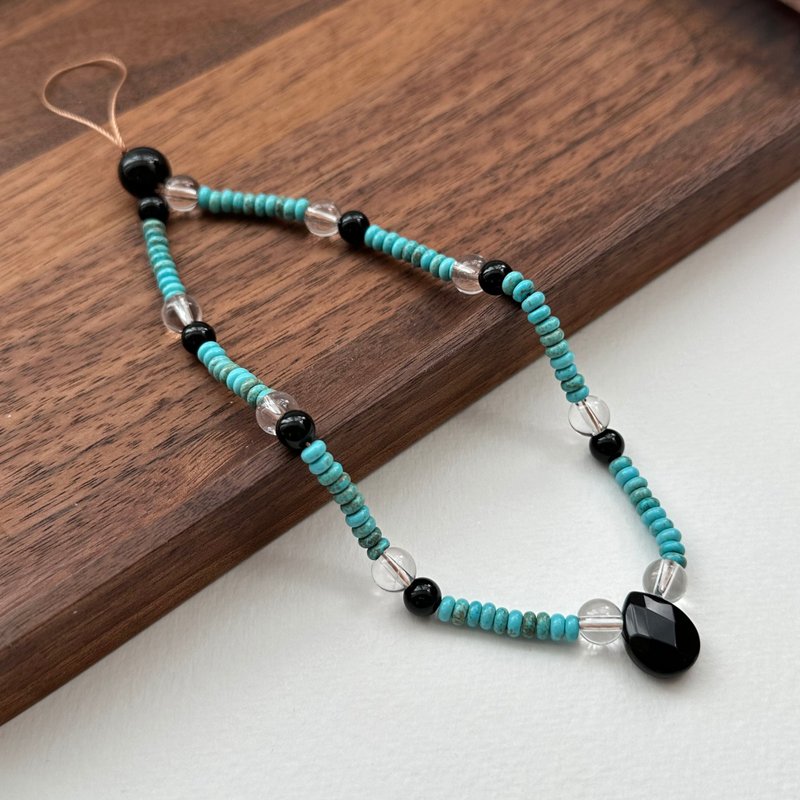 [Mobile phone camera hanging strap] Turquoise • White crystal • Black agate • Water drop faceted hanging rope - เชือก/สายคล้อง - เครื่องประดับพลอย สีน้ำเงิน