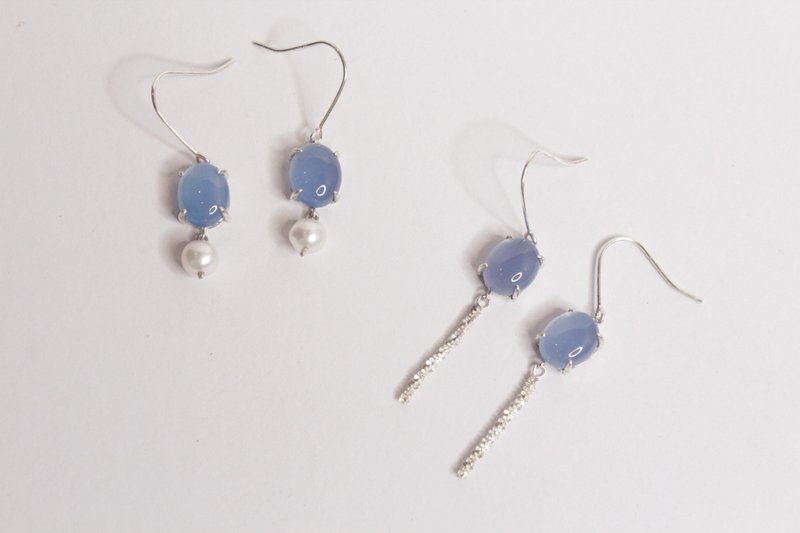 Blue Poetry Silver Handmade Earrings Agate Pearls - ต่างหู - เครื่องเพชรพลอย สีน้ำเงิน