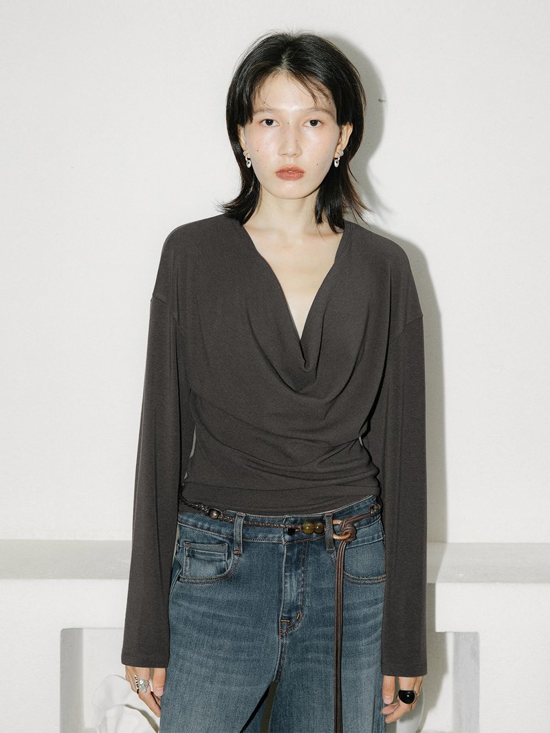 法式復古 / 蕩領綁帶針織上衣 / 慵懶綁結T恤 - 女上衣/長袖上衣 - 其他材質 灰色