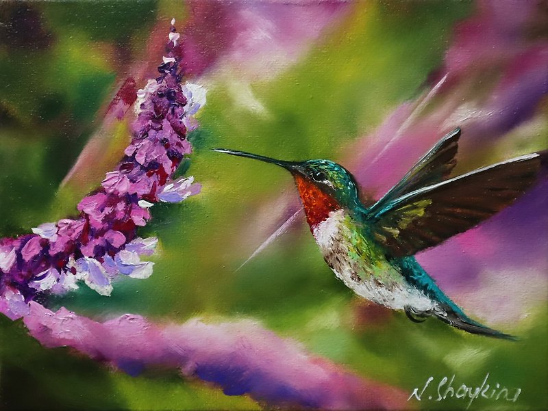 Original Oil Painting Hummingbird and a Pink Flower Canvas Art, Bird Lover Gift - Items for Display - Other Materials Green