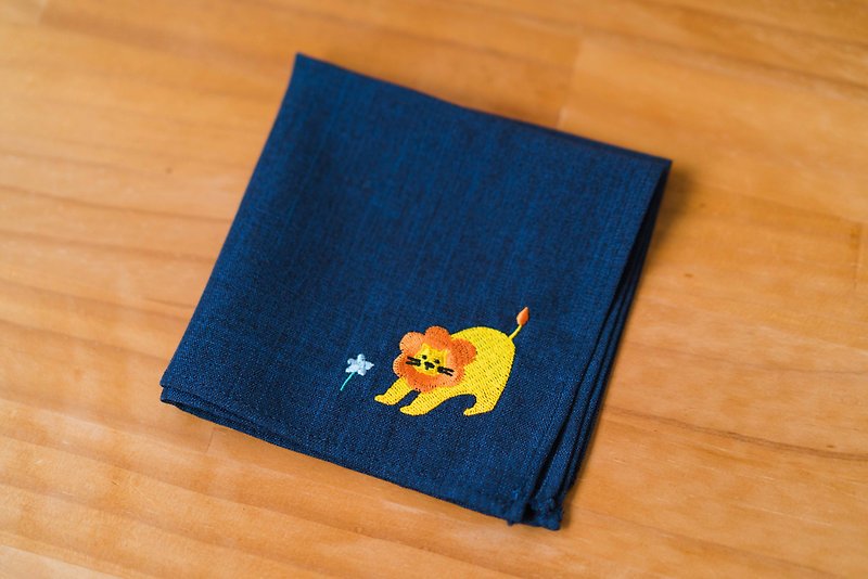 Lion King and the flower_embroidery handkerchief - Handkerchiefs & Pocket Squares - Cotton & Hemp Blue