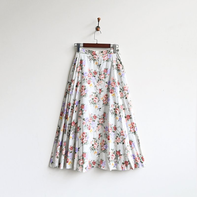 [Egg Plant Vintage] Elegant Flower House Japanese-made printed high-waisted vintage long skirt - กระโปรง - ผ้าฝ้าย/ผ้าลินิน 