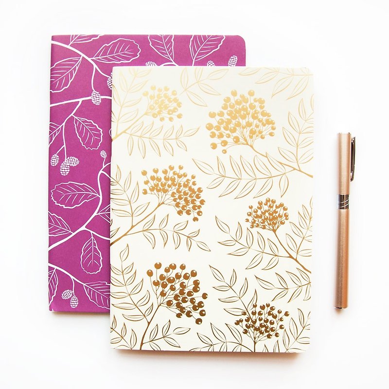 Two A5 Notebooks with Gold Foil and Purple / Red Pattern - Dot Grid Journal