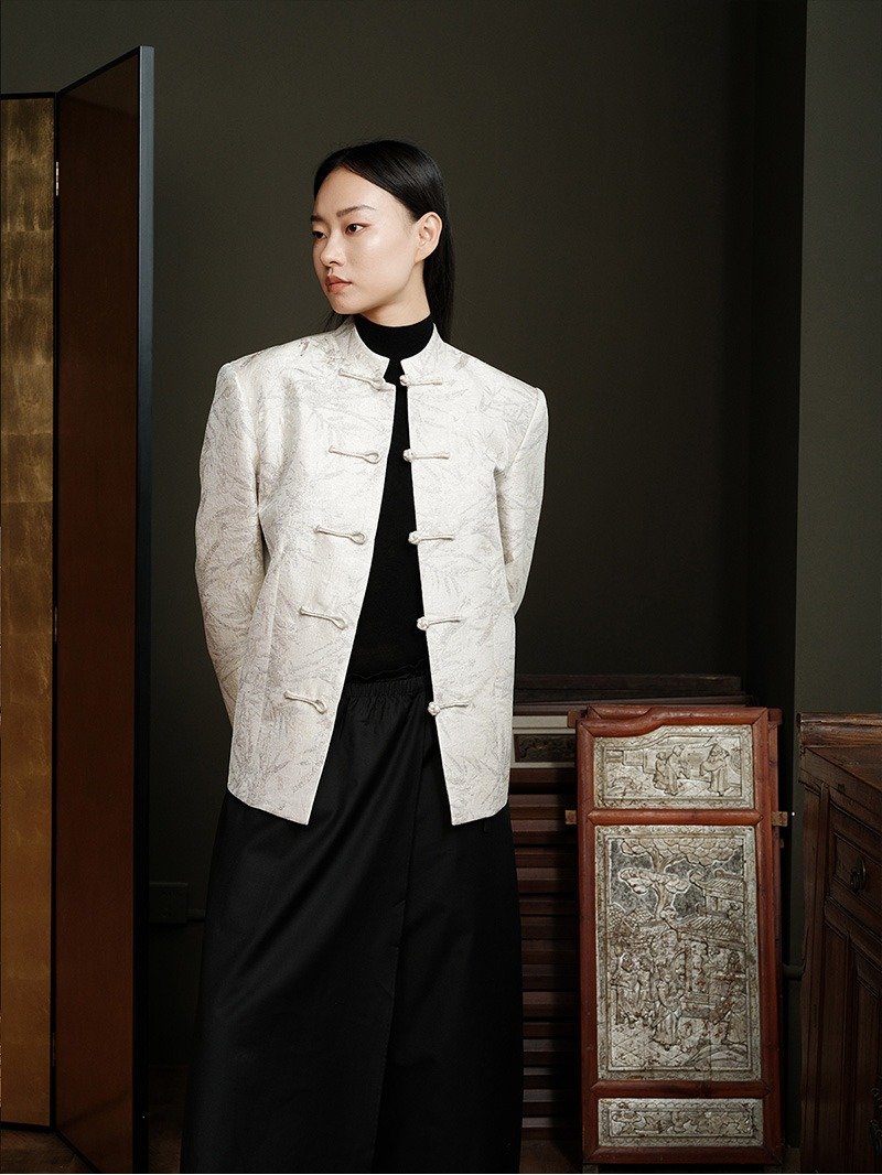 Xuezhu/New Chinese Style Retro Tang Suit Jacket - เสื้อแจ็คเก็ต - เส้นใยสังเคราะห์ ขาว