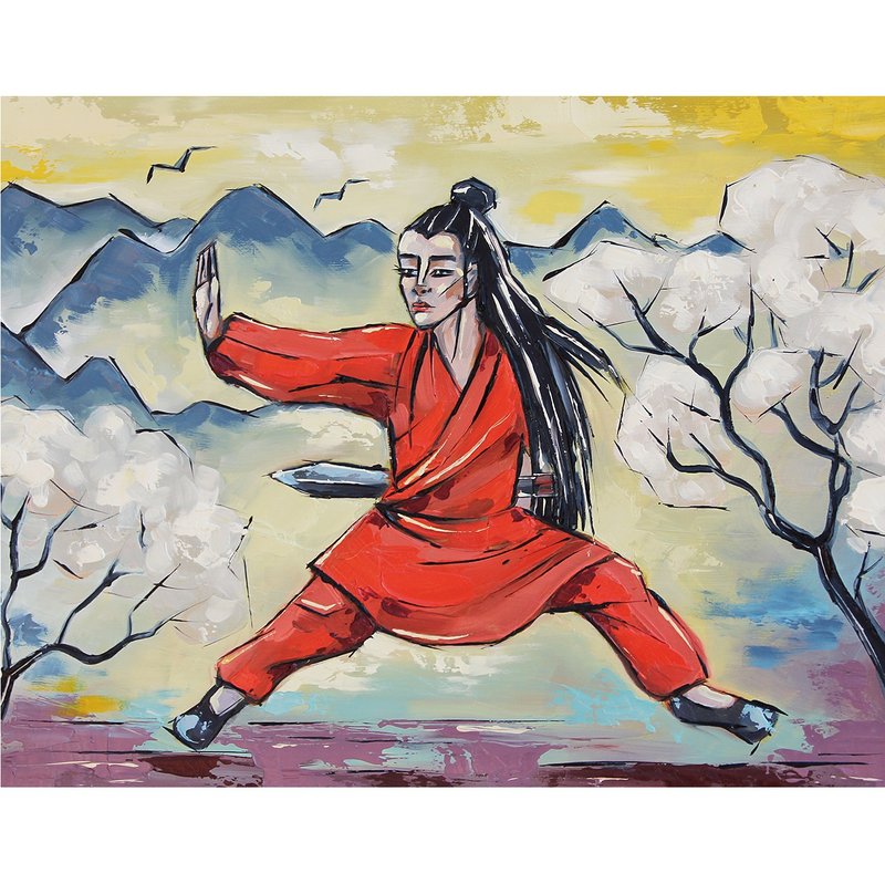 功夫女油画 亚洲原创艺术 武术壁画 28 x 36 厘米 - 海報/掛畫/掛布 - 其他材質 紅色