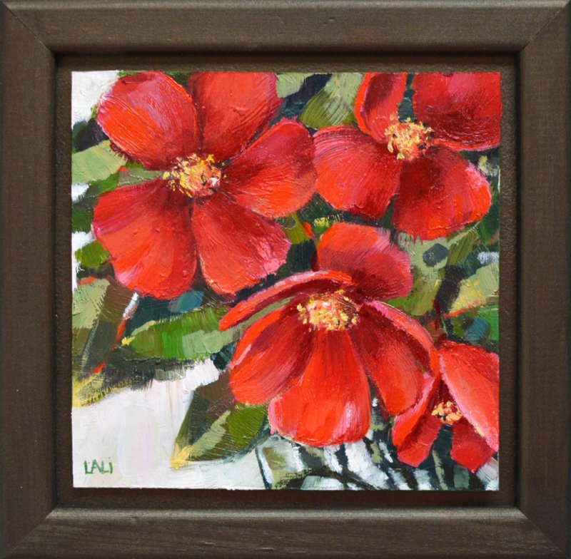 Red Flowers Original Oil Painting Modern Painting 13x13cm Balsamine painting - Illustration, Painting & Calligraphy - Other Materials Red