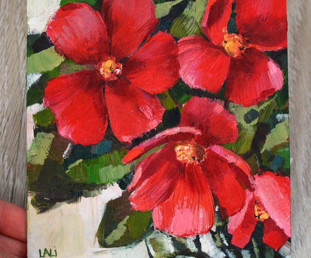 大きな抽象的な花の油絵 キャンバス 赤い花の壁アート モダンな