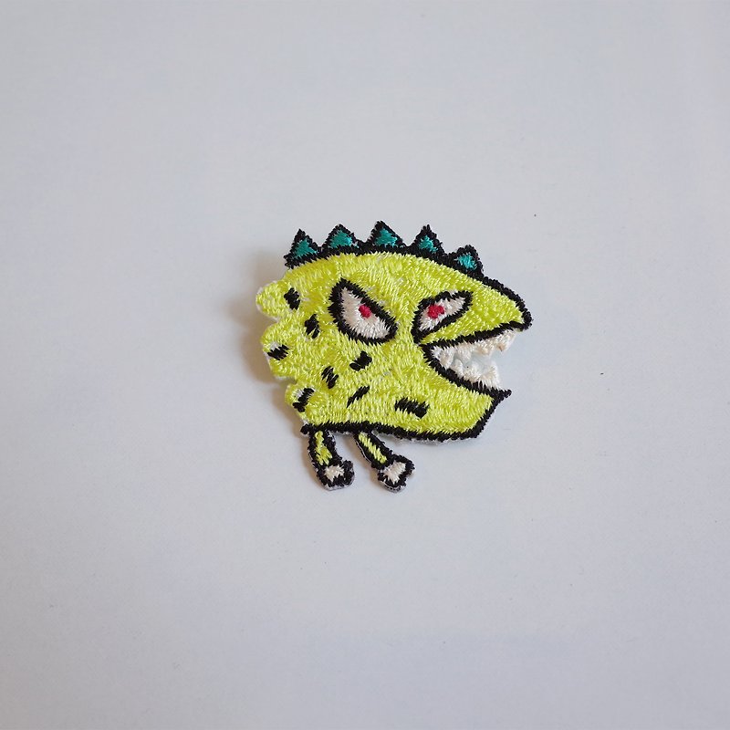 layoo │ monster child to draw. dinosaur. Small uncle. embroidery. Safety pins - Brooches - Thread Green