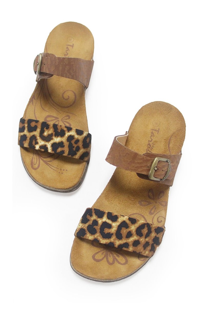 【Leather Slip On  Leopard】Leather Slip On Sandals/ Leather insole - รองเท้ารัดส้น - หนังแท้ สีนำ้ตาล