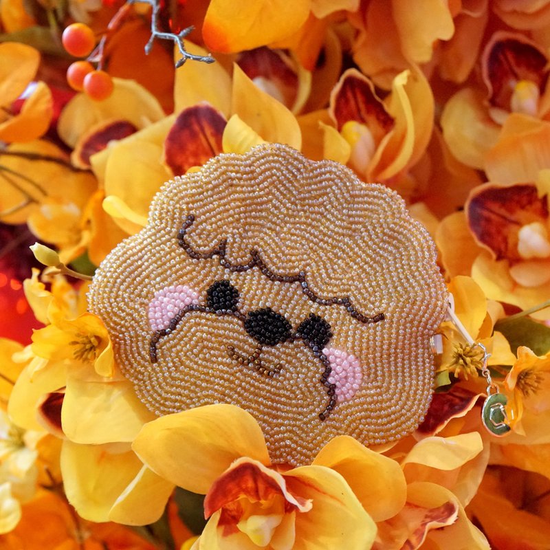 手工串珠零錢包 / 捷運卡包 - 可愛比熊(咖) - 零錢包/小錢包 - 棉．麻 咖啡色