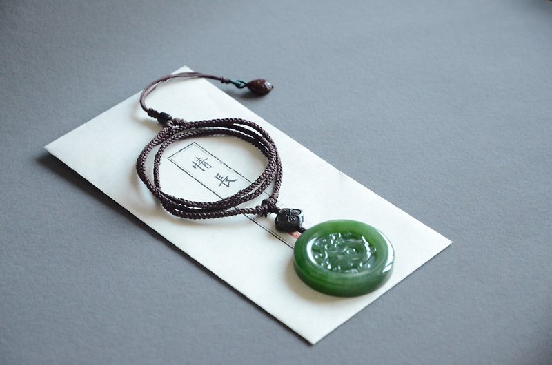 [蟠龙纹] Natural Hetian Biyu Carving Round Pendant Necklace - สร้อยคอ - หยก สีเขียว