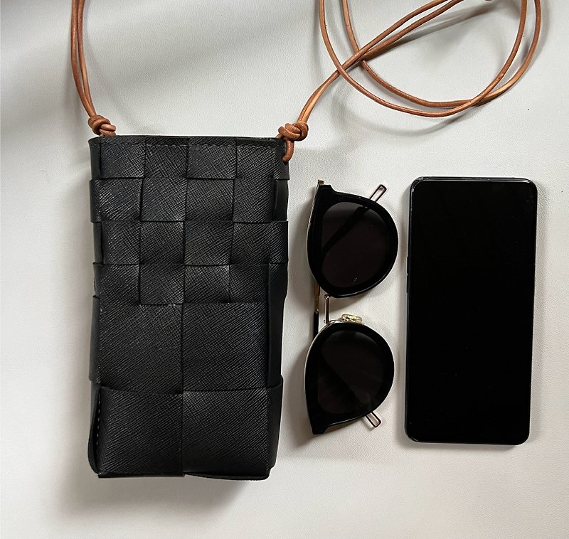 Mini編織手機包 - 索繩袋/束口袋 - 真皮 黑色