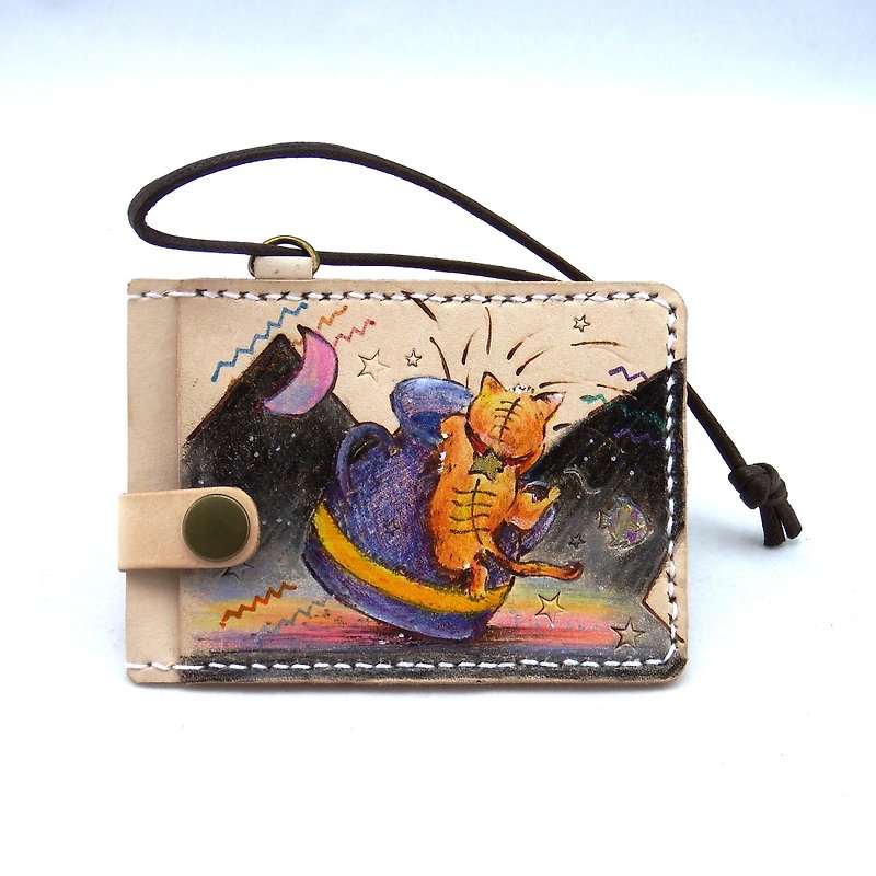 Three-layer leather card holder ID holder cat and star curiosity