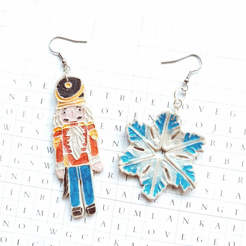 Waltz of the Snowflakes - The nutcracker and snowflake polymer clay earrings - Earrings & Clip-ons - Clay Multicolor