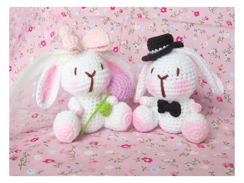 Crochet wedding bunny~~can be customized~~ - ตุ๊กตา - ผ้าฝ้าย/ผ้าลินิน สึชมพู