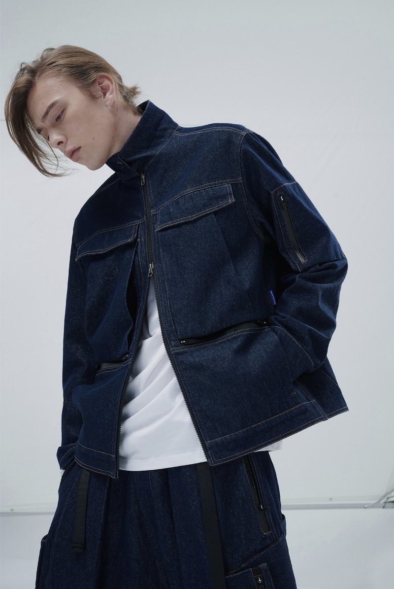 機能 立體 擴容袋 翻領 拉鏈 牛仔夾克外套 - 男夾克/外套 - 其他材質 黑色